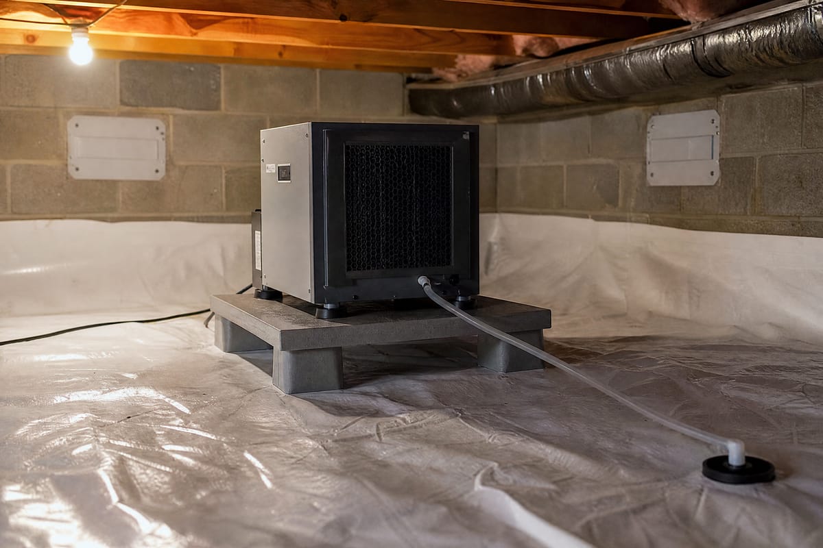 Illustrative example of a crawl space dehumidifier with a condensate pump