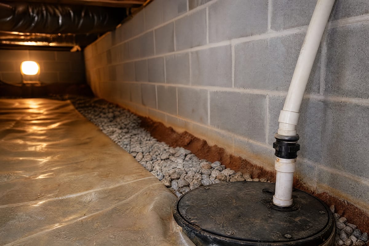 Illustrative example of a crawl space perimeter drain and sump pump system