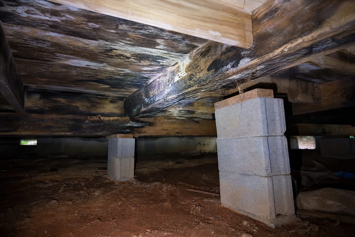 Illustrative example of crawl space mold remediation on floor joists