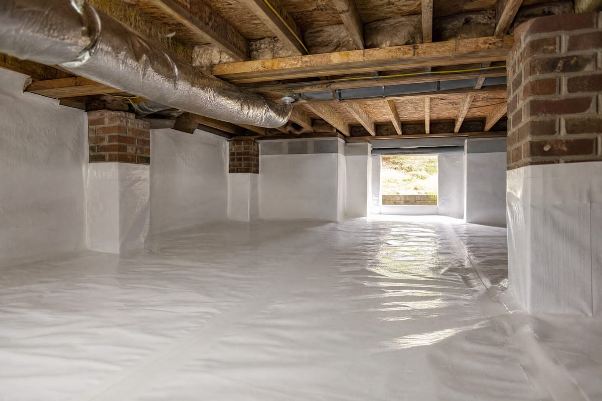 A Charlotte-area crawl space of the type we encapsulate — block piers, joists, and a dirt floor